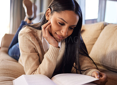 Buy stock photo College student, relax and girl reading book in home for university, research or school education. Learning, knowledge and Indian woman with scholarship or novel on sofa studying academic information