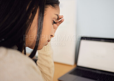 Buy stock photo College student, headache or girl on laptop in home with stress for university, research or school education. Learning, screen and sad Indian woman with burnout, worry or anxiety for studying course