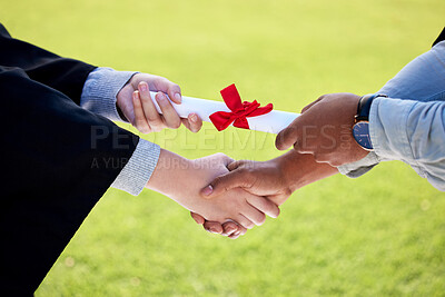 Buy stock photo Handshake, student and diploma at outdoor graduation, celebration and proud of education together. People, thank you and support at college or university for achievement, graduate and academy campus