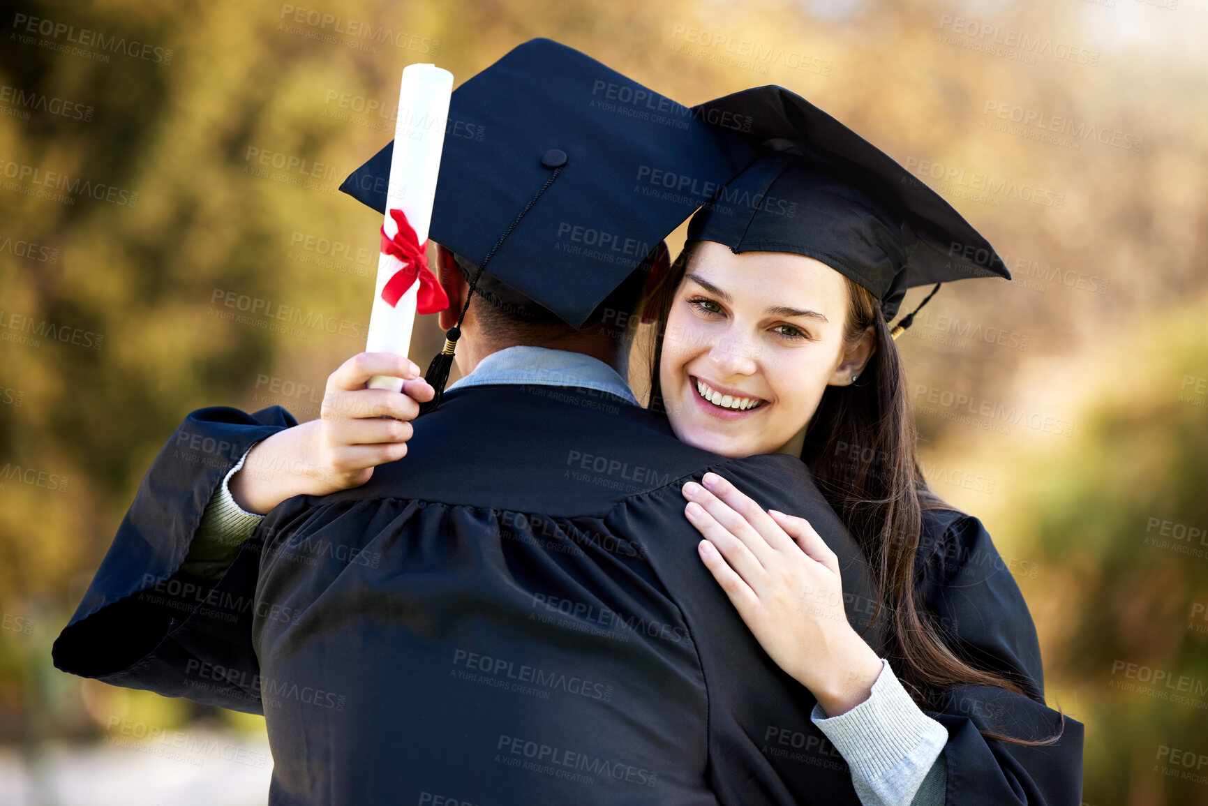 Buy stock photo Friends, hug and portrait at outdoor graduation, celebration and proud of education diploma. People, embrace and support at college or university for achievement or success, graduate and degree