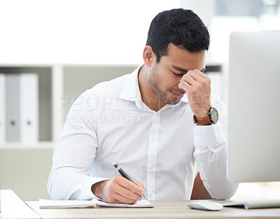 Buy stock photo Man, office and stress with writing notes fro research as web designer with deadline or overtime. Website developer, headache and exhausted with creative or ideas for work and project as employee