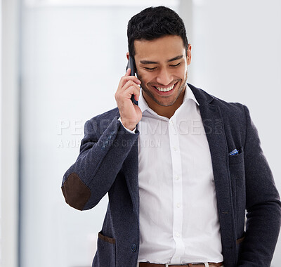 Buy stock photo Smile, phone call and business man in office for networking, communication and contact. Technology, corporate and connection with male employee for conversation, entrepreneur and discussion