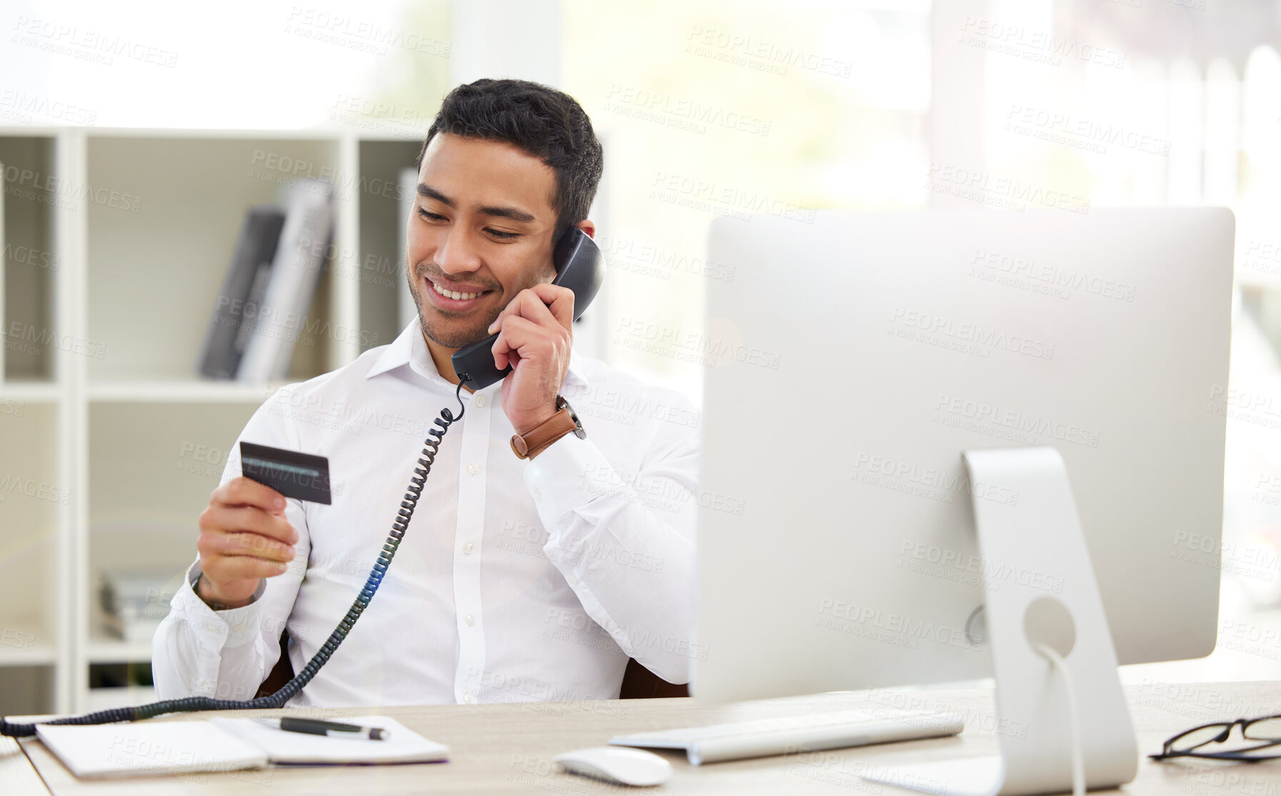 Buy stock photo Business, phone call and man with a credit card, payment and speaking with ecommerce, banking and confirm transaction. Male person, happy employee and guy with a telephone, finance and investment