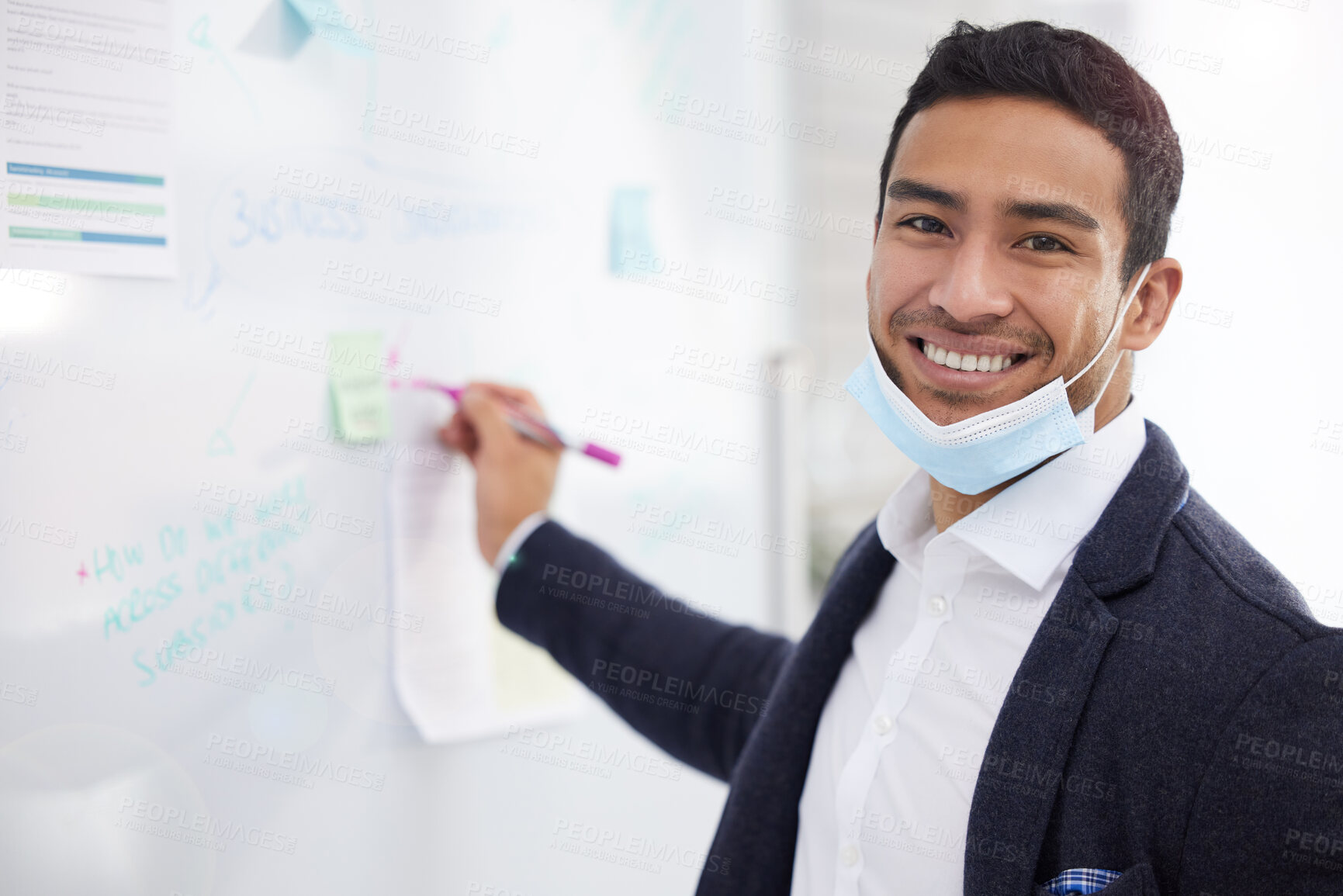 Buy stock photo Office, Asian man and smile with whiteboard on portrait for strategy, planning and sticky notes for project management . Business, employee and ideas with statistics, review and report for company