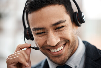 Buy stock photo Call center, headset and conversation with business man in office for contact us, communication and customer service. Networking, crm and advice with employee for help desk and technical support
