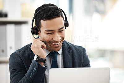 Buy stock photo Call center, smile and consulting with business man in office for contact us, communication and customer service. Networking, technology and advice with employee for help desk and technical support