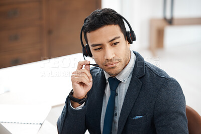 Buy stock photo Call center, listening and consulting with business man in office for contact us, communication and customer service. Networking, online and advice with employee for help desk and technical support