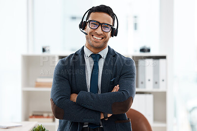 Buy stock photo Call center, arms crossed and portrait of business man in office for consulting, customer service and help desk. Smile, professional with male employee for contact us, communication and advice