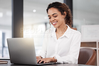 Buy stock photo Office, happy and business woman on laptop for research project, online proposal and browse website. Thinking, corporate and female worker typing on computer for planning, internet and writing email