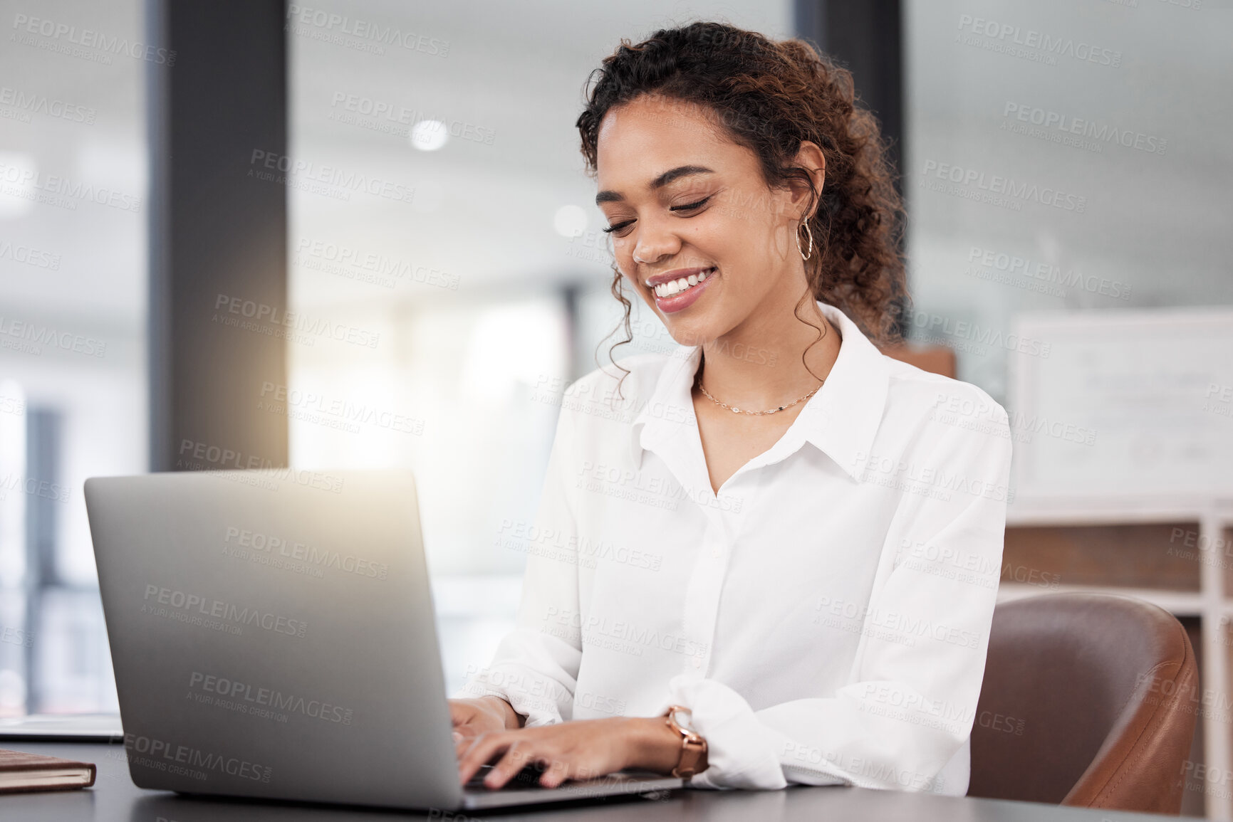 Buy stock photo Office, happy and business woman on laptop for research project, online proposal and browse website. Thinking, corporate and female worker typing on computer for planning, internet and writing email