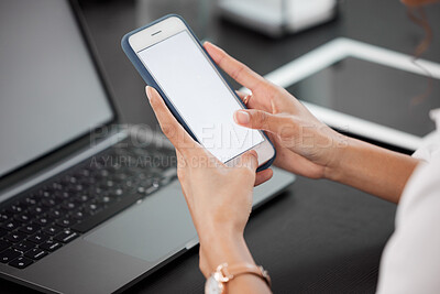 Buy stock photo Hands, mockup and closeup of a woman with a phone networking on social media or mobile app. Technology, communication and female person browsing on the internet with cellphone with mock up space.