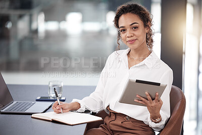 Buy stock photo Tablet, woman and portrait of accountant taking notes in office and writing in notebook. Technology, face and African female entrepreneur, auditor or person from South Africa with pride for career.