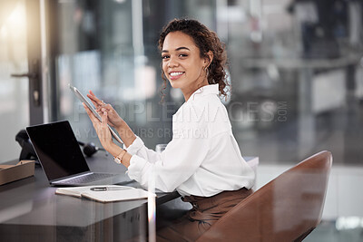 Buy stock photo Business woman, portrait and tablet for data, research or social media with smile at the office. Happy female person or employee smiling with technology for communication or networking at workplace