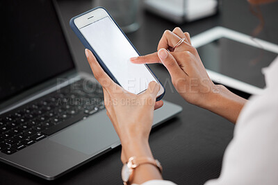 Buy stock photo Hands, mock up and closeup of a businesswoman with a phone networking on social media or mobile app. Technology, communication and female person browsing on internet with cellphone with mockup space.