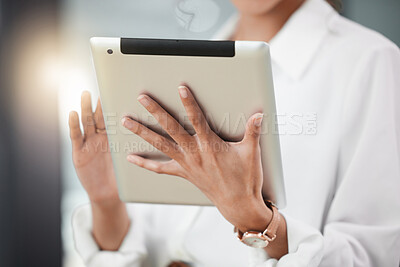 Buy stock photo Tablet, hands and accountant in office, research and working on project online. Technology, professional and female entrepreneur, auditor or person on website for accounting, email and business app.