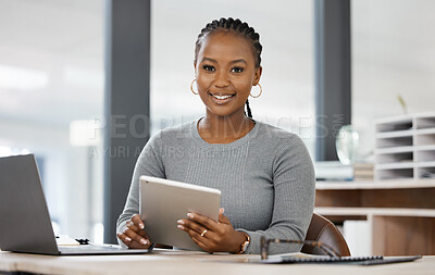 Buy stock photo Office, tablet and portrait of business black woman online for research, internet and browse website. Corporate, professional and female worker on digital tech working on report, project and planning