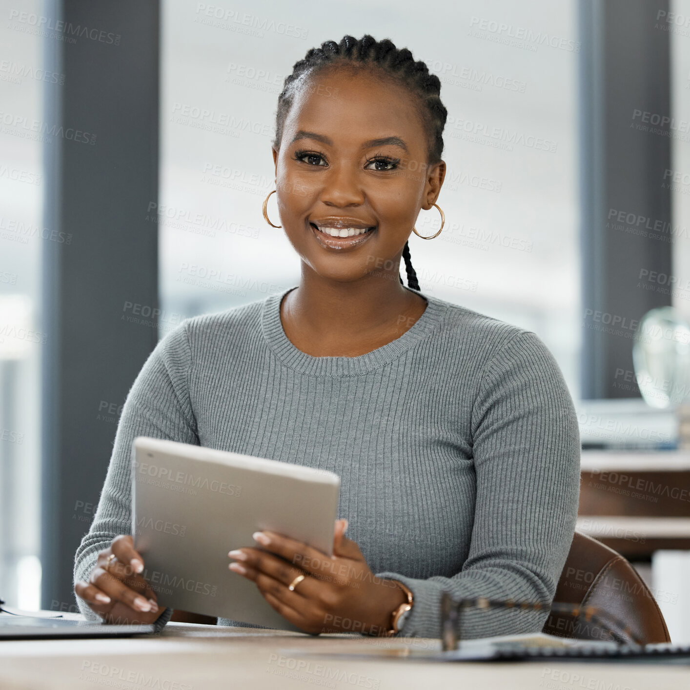 Buy stock photo Tablet, business and portrait of African woman online for research, internet and website at desk. Corporate, professional and female worker on digital tech working on report, network and planning