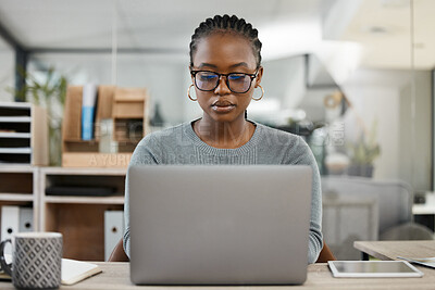 Buy stock photo Laptop, office and business black woman typing online for research, internet and browse website. Corporate, professional and female worker busy on computer working on report, project and planning