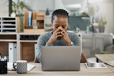 Buy stock photo Business woman, laptop and headache in burnout, stress or depression in doubt, fail or mistake at office. Frustrated African female person or employee in anxiety or mental health problem at workplace
