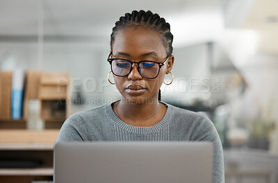 Buy stock photo Laptop, business and black woman in office online for research, copywriting and typing email. Journalism, professional and female worker on computer writing proposal, working on report and project