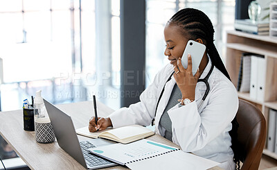 Buy stock photo Phone call, doctor and black woman writing in notebook for planning, medical schedule and agenda. Healthcare, hospital office and female worker on smartphone for consulting, medicare service and help