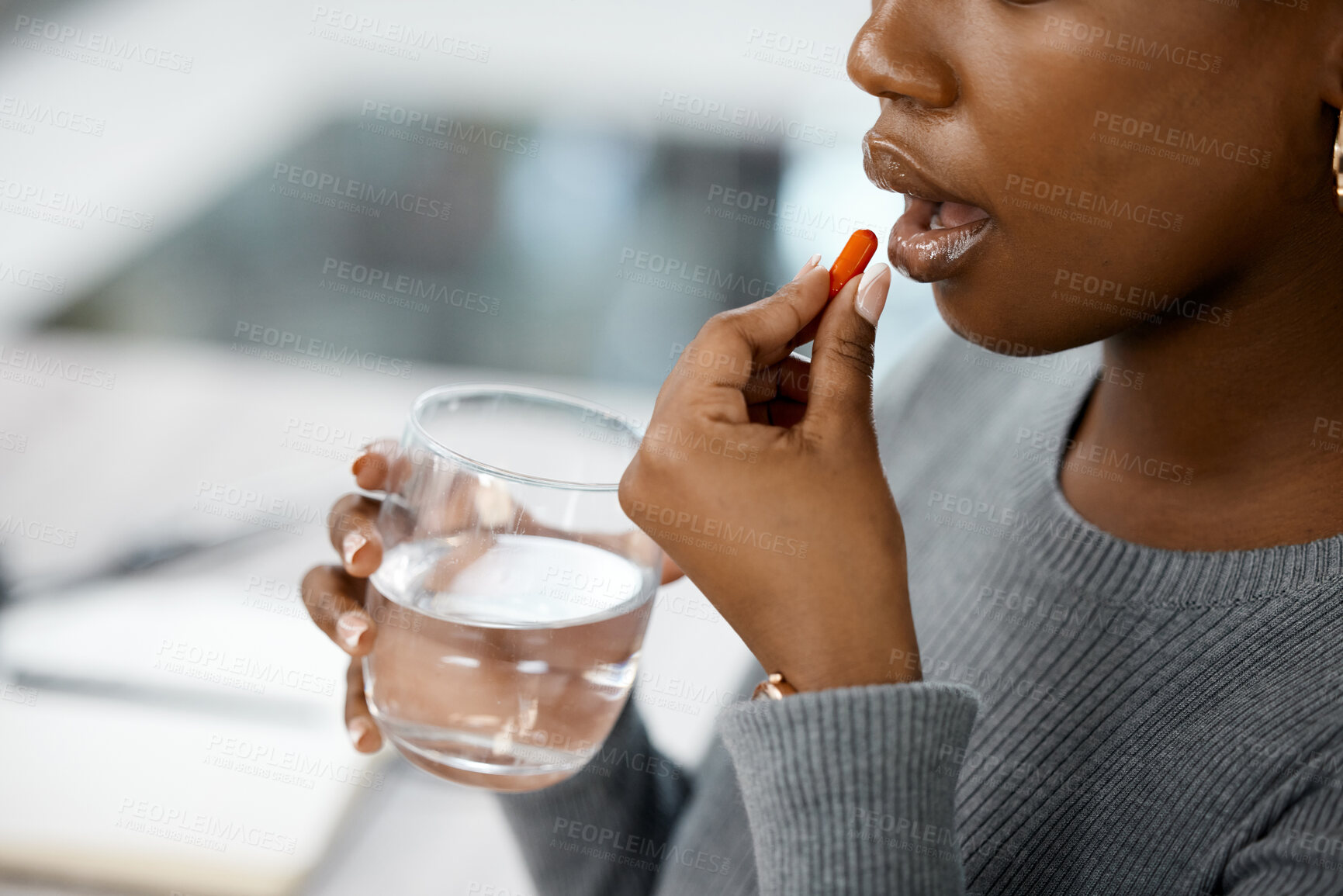 Buy stock photo Woman, vitamin and drinking water for health, wellness and medicine tablet with pill. Female person, hand and sick worker with antibiotics, glass and detox pills for illness and virus at company