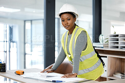 Buy stock photo Architecture, planning and blueprint with portrait of black woman in office for engineering, illustration and project management. Buildings, designer and construction with contractor and floor plans