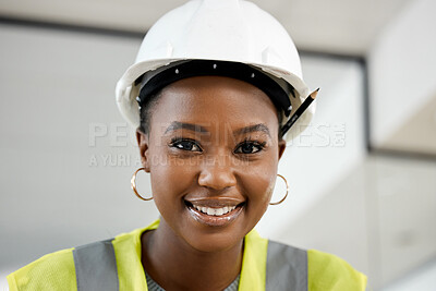 Buy stock photo Architecture, portrait and black woman in project management of construction, site and creative planning. Building, contractor and happy to work on home renovation, strategy and engineering design