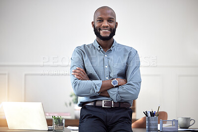 Buy stock photo Smile, startup and portrait of black man entrepreneur in corporate company or agency office arms crossed. Professional, African and happy young person or employee ready for business development