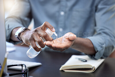 Buy stock photo Hand sanitizer, business man or working at desk with gel for covid, compliance or bacteria in office. Closeup employee or worker cleaning hands with bottle product for safety, hygiene or corona virus