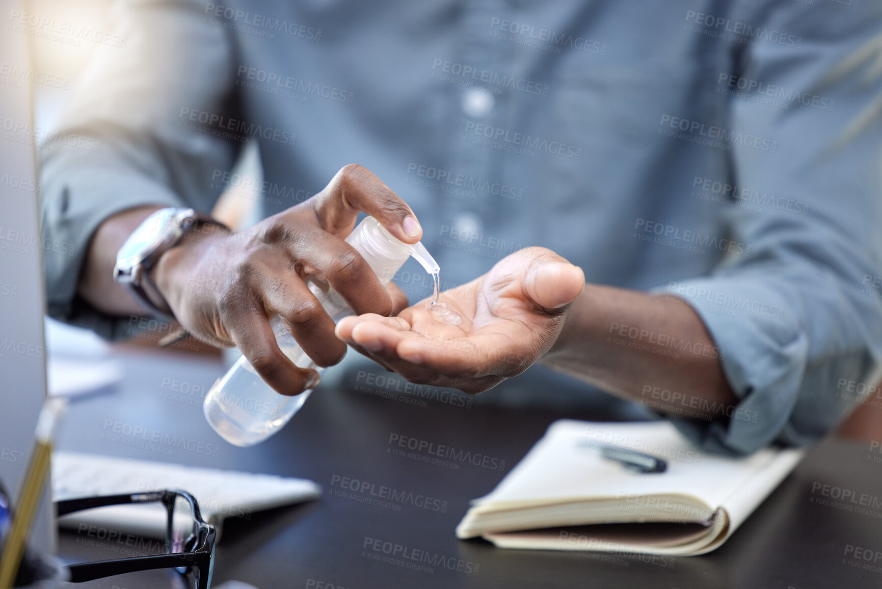 Buy stock photo Hand sanitizer, business man or working at desk with gel for covid, compliance or bacteria in office. Closeup employee or worker cleaning hands with bottle product for safety, hygiene or corona virus