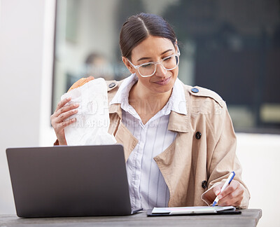 Buy stock photo Woman, eating and working with lunch at cafe or coffee shop with schedule, notes and planner. Writing, reminder and girl at restaurant with food and relax with laptop research, ideas and productivity