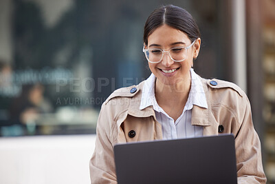 Buy stock photo Woman, journalist and laptop for reading in cafe with smile for article, news and lead on story in city. Person, writer or editor with smile for research, remote work and results for investigation