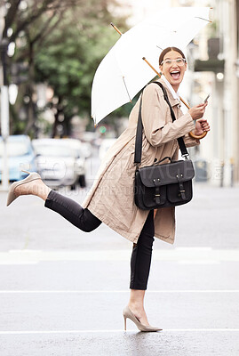 Buy stock photo Business woman, umbrella and portrait in street for cover from rain, winter or happy for commute on city sidewalk. Person, smile and parasol for storm on with phone, walk or travel on road in Seattle