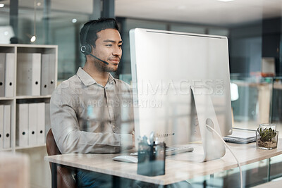 Buy stock photo Man, agent and headset with computer, microphone and callcenter or customer care in office with pride. Male person, virtual assistant and tech in telecom for company or business in workplace or job
