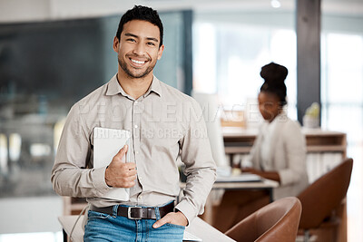 Buy stock photo Happy, tablet and portrait of business man in office for professional, digital and pride. Communication app, website and technology with male employee for management, mission and internet in startup