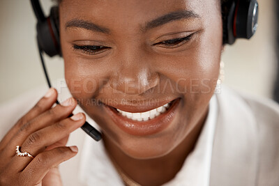 Buy stock photo Black woman, face and smile with headphones in call center for customer service, support or telemarketing. Happy African female person consultant agent smiling in online advice or telesales at office