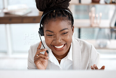 Buy stock photo Black woman, call center and smile with headphones in customer service, support or telemarketing at office. Happy African female person consultant agent smiling for online advice or help at workplace