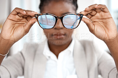 Buy stock photo Blue light, glasses and woman hands with frame at office with eye test and health. Professional, African female person and lens care with a employee with vision testing and eyewear to see at company