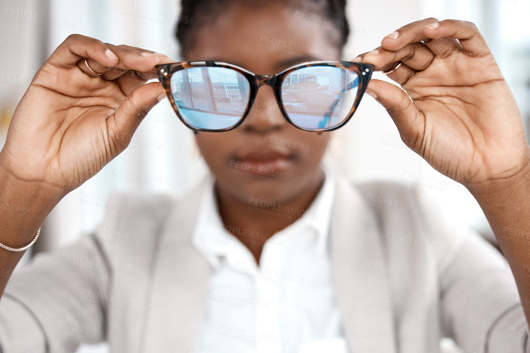 Buy stock photo Blue light, glasses and woman hands with frame at office with eye test and health. Professional, African female person and lens care with a employee with vision testing and eyewear to see at company