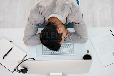 Buy stock photo Man, desk and sleeping at call center for tired fatigue or telemarketing, customer service or top view. Male person, computer and overtime for tech support or burnout with stress, nap or exhausted