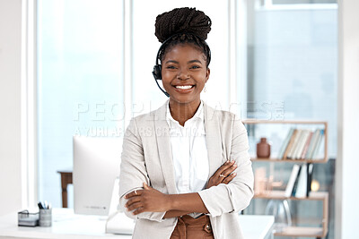 Buy stock photo Call center, arms crossed and portrait of black woman in office for communication, consulting and customer service. Help desk, happy and contact us with female employee for sales, online and network