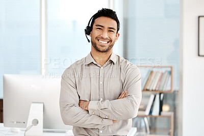 Buy stock photo Happy asian man, call center and portrait with headphones in customer service or telemarketing at office. Confident businessman consultant agent smile with arms crossed for online advice at workplace