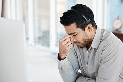 Buy stock photo Man, call center and headache pain or telemarketing stress as overtime deadline, burnout or migraine. Asian person, headset and fatigue with brain fog or vertigo, customer support or mental health