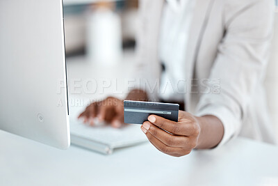 Buy stock photo Credit card, hand and online shopping with business person closeup at desk in office for payment. Accounting, bank and finance with corporate employee in professional workplace for computer purchase