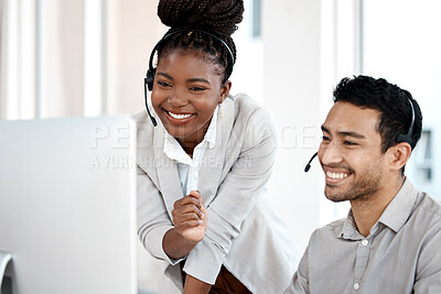 Buy stock photo Call center, coaching and computer with business people in office for training, customer service and communication. Help desk, contact us and mentor with man and black woman for sales and teamwork