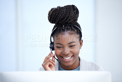 Buy stock photo Call center, computer and black woman smile for telemarketing, customer service or support. Contact us, crm and African female sales agent, consultant or employee consulting in business office online