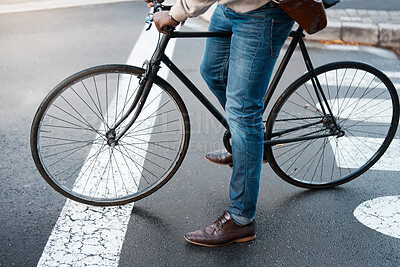 Buy stock photo Bicycle, travel and legs of business man on street for transport, commute and journey to work. City, traffic and male person on bike for eco friendly, carbon neutral and sustainability transportation