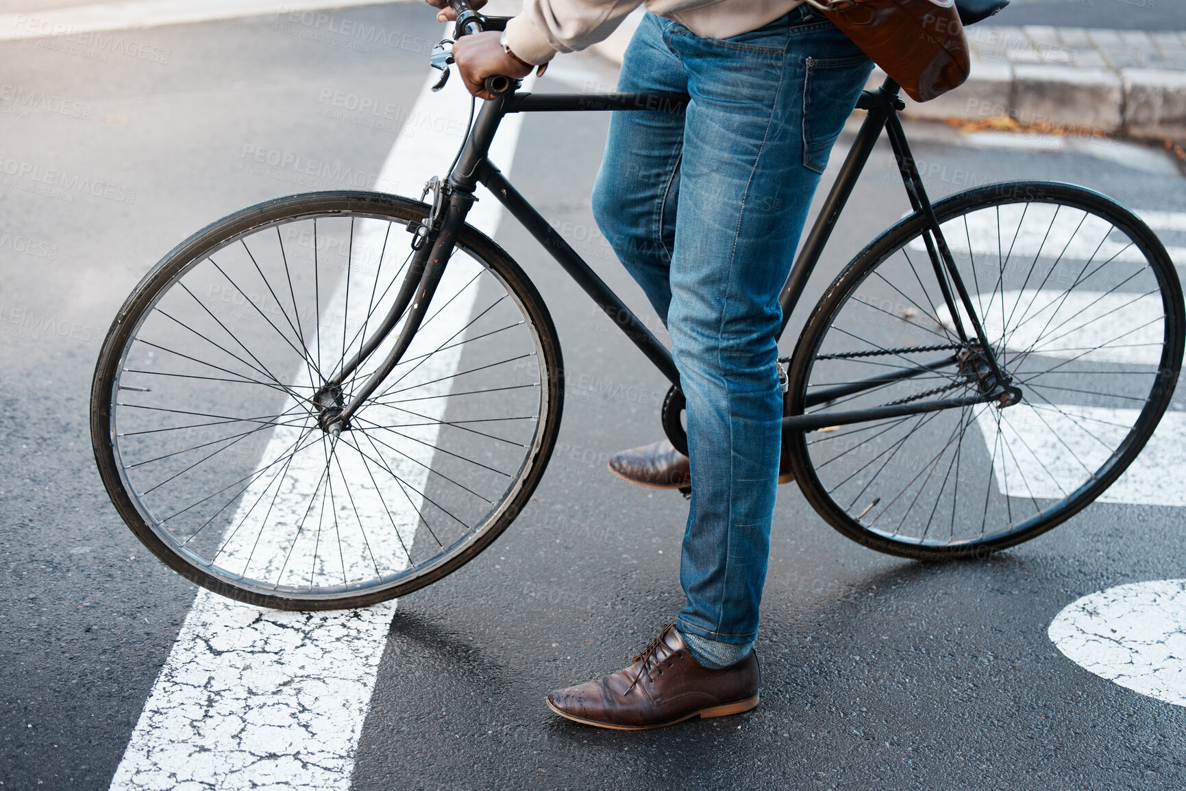 Buy stock photo Bicycle, travel and legs of business man on street for transport, commute and journey to work. City, traffic and male person on bike for eco friendly, carbon neutral and sustainability transportation