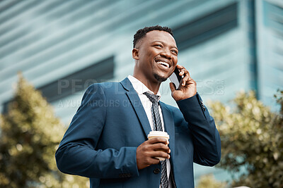 Buy stock photo City, business man and mobile call in morning for networking, speaking and conversation with contact. Outdoor, tech and black person or lawyer with phone for legal advice, consulting and support